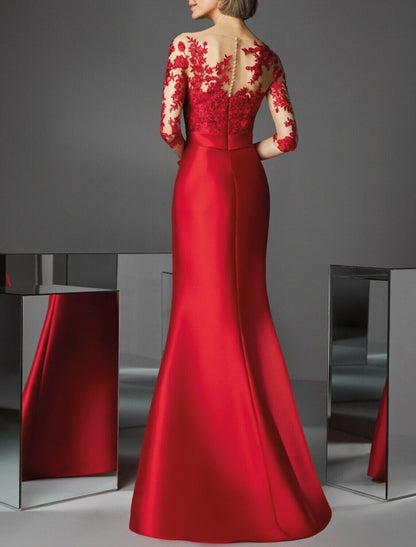 Mermaid Evening Gown Elegant Dress Engagement Floor Length 3/4 Length Sleeve Illusion Neck Fall Wedding Guest Satin with Appliques