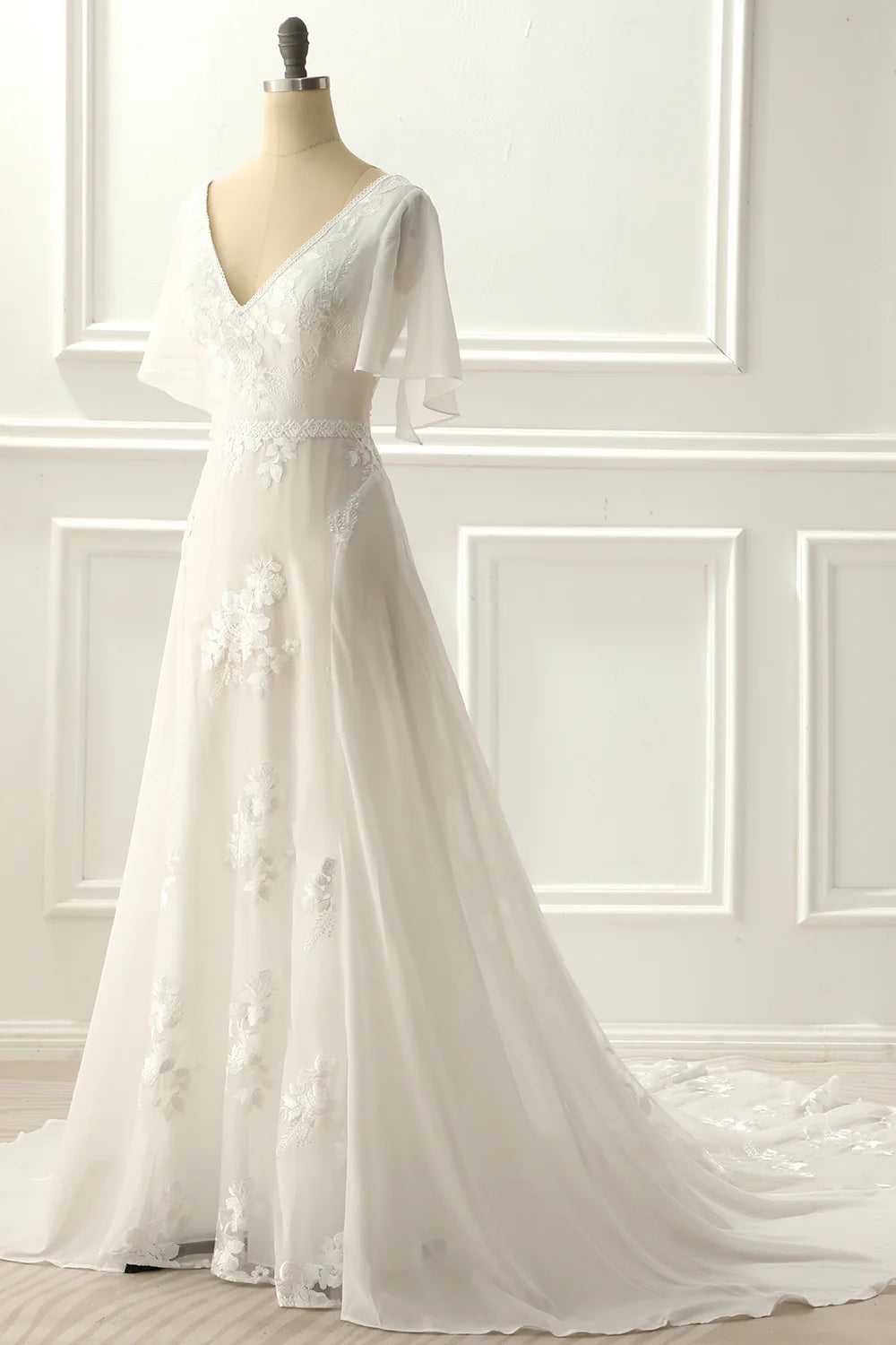 A-line V neck Floor-length Ivory Appliques Wedding Dress