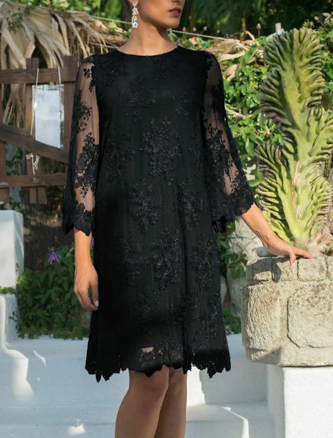 Sheath Mother of the Bride Dress Wedding Guest Elegant Jewel Neck Short / Mini Lace Tulle 3/4 Length Sleeve with Appliques