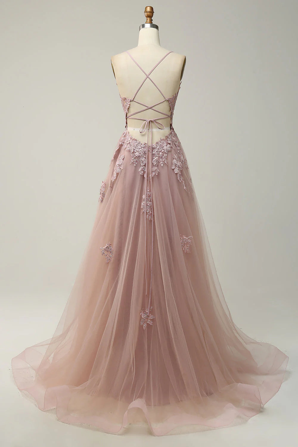 A-Line Light Purple Long Lace Up Back Prom Dress with Appliques