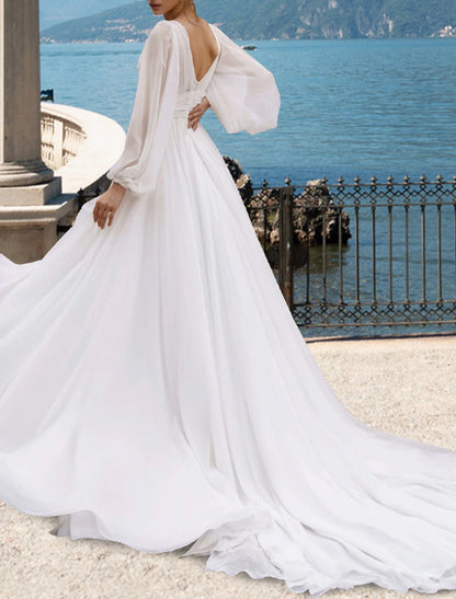 Beach Sexy Simple Wedding Dress A-Line V Neck Long Sleeve Court Train Chiffon Bridal Gowns With Pleats Split Front