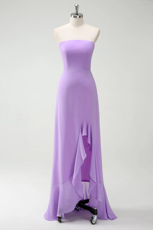 Simple Purple Strapless Chiffon Long Bridesmaid Dress With Slit