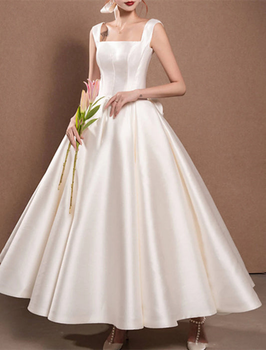 Reception Simple Wedding Dresses Wedding Dresses A-Line Off Shoulder Cap Sleeve Tea Length Satin Bridal Gowns With Pleats Ruched dress to impress Fall Wedding