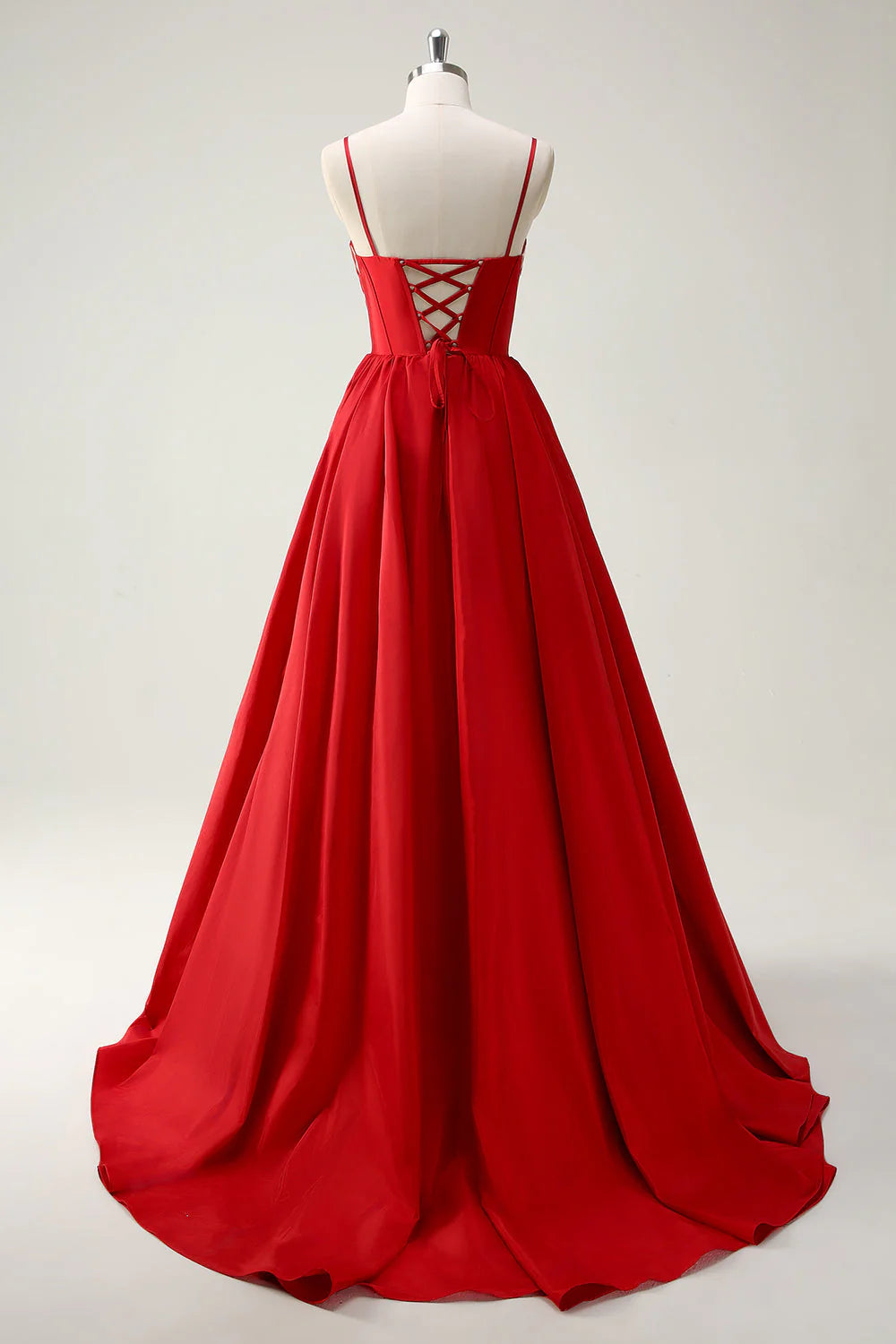 Red Ball-Gown Spaghetti Straps Lace Up Back Long Prom Dress with Slit