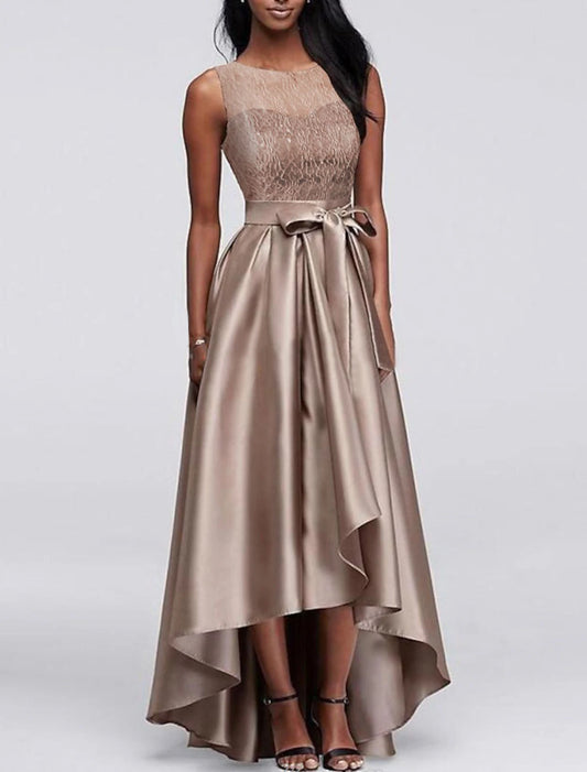 A-Line Mother of the Bride Dress Wedding Guest Elegant High Low Jewel Neck Asymmetrical Satin Sleeveless with Bow(s)