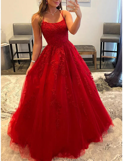 A-Line Prom Dresses Elegant Dress Wedding Guest Evening Party Floor Length Sleeveless Spaghetti Strap Royal Style Tulle Backless with Crystals Appliques