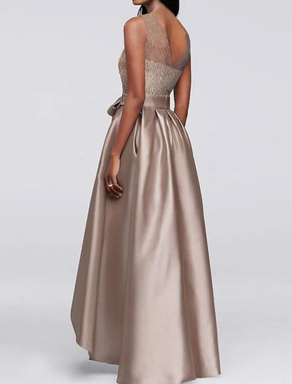 A-Line Mother of the Bride Dress Wedding Guest Elegant High Low Jewel Neck Asymmetrical Satin Sleeveless with Bow(s)