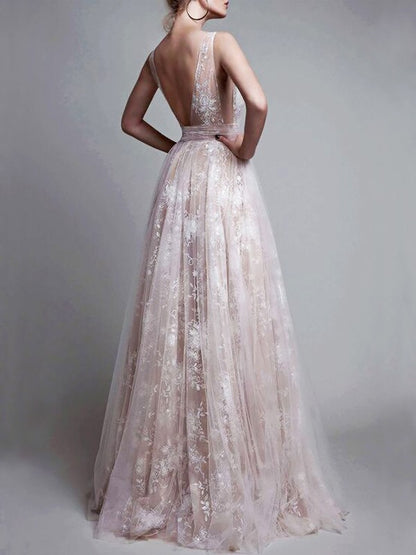 A-Line/Princess V-neck Floor-Length Tulle Sleeveless Applique Dresses