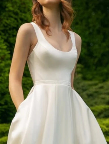 Hall Little White Dresses Wedding Dresses A-Line Scoop Neck Sleeveless Tea Length Satin Bridal Gowns With Pleats Solid Color