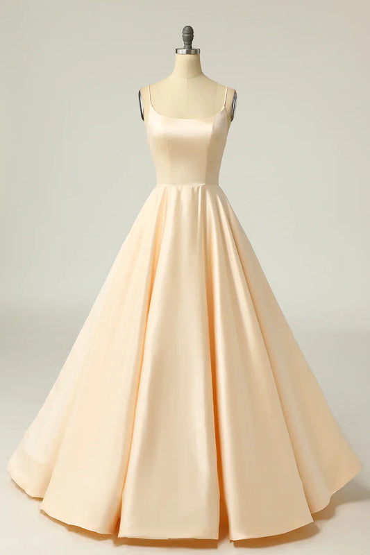 Champagne Backless Spaghetti Straps Satin Prom Dress