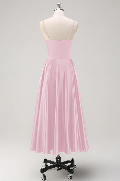 Blush Pink A-Line Ruched Spaghetti Straps Tea Length Bridesmaid Dress