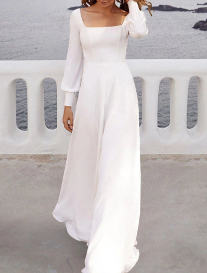 Beach Casual Wedding Dresses A-Line Square Neck Long Sleeve Sweep / Brush Train Chiffon Bridal Gowns With Solid Color