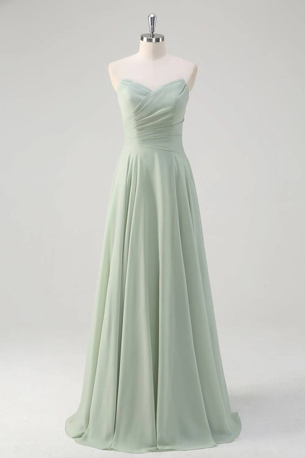 A-Line Matcha Ruched Sweetheart Chiffon Long Bridesmaid Dress