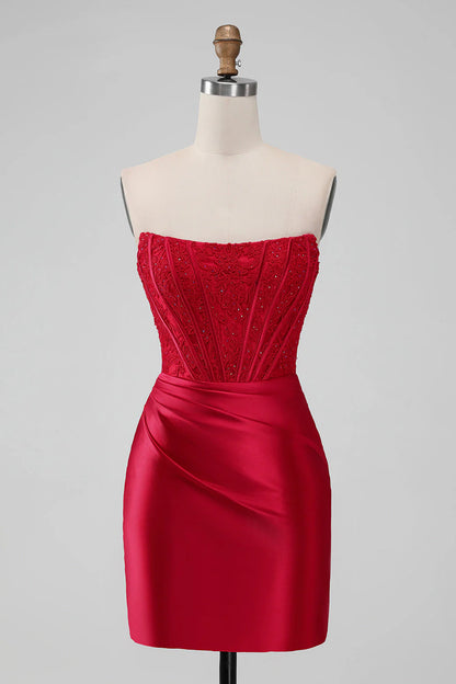 Sparky Red Strapless Bodycon Short Homecoing Dress with Lace