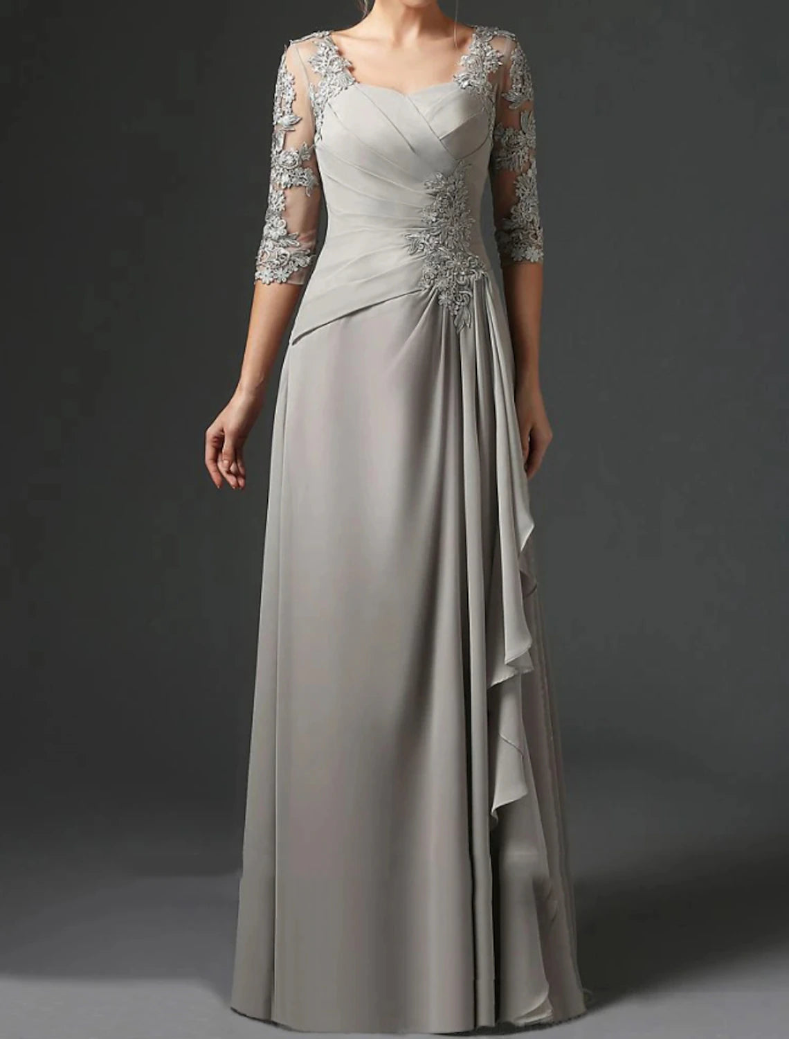 Sheath Mother of the Bride Dress Wedding Guest Elegant Square Neck Floor Length Chiffon Lace Half Sleeve with Ruching