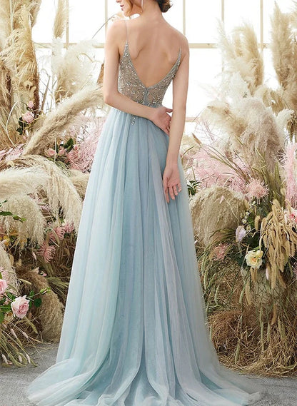 A-line/Princess Sexy Spaghetti Straps Sleeveless Prom Dresses with High Split & Appliques