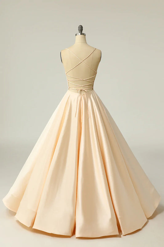 Champagne Backless Spaghetti Straps Satin Prom Dress