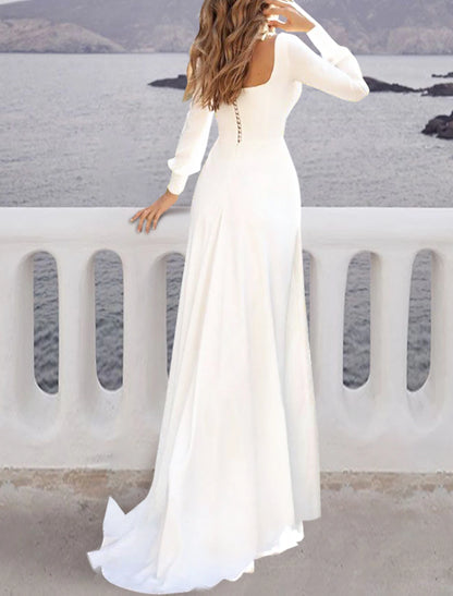 Beach Casual Wedding Dresses A-Line Square Neck Long Sleeve Sweep / Brush Train Chiffon Bridal Gowns With Solid Color