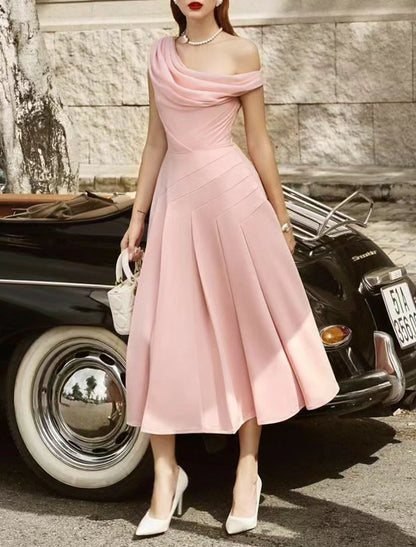 A-Line Cocktail Dresses Elegant Dress Wedding Guest Tea Length Sleeveless Cowl Neck Stretch Chiffon with Ruched