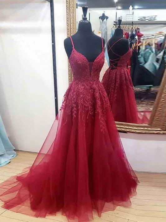 A-Line/Princess Tulle Applique V neck Sleeveless Train Dresses