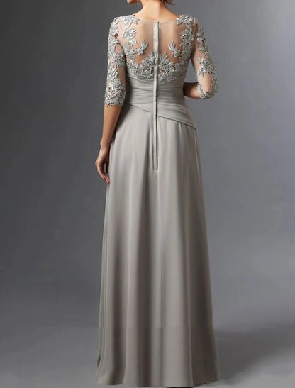 Sheath Mother of the Bride Dress Wedding Guest Elegant Square Neck Floor Length Chiffon Lace Half Sleeve with Ruching