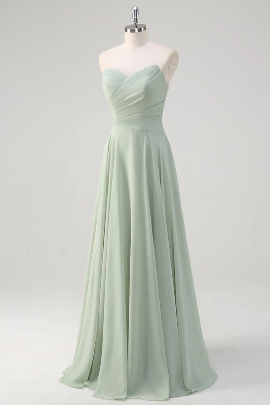 A-Line Matcha Ruched Sweetheart Chiffon Long Bridesmaid Dress