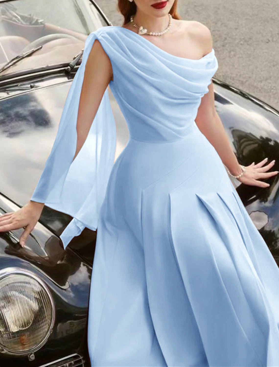 A-Line Cocktail Dresses Elegant Dress Wedding Guest Tea Length Sleeveless Cowl Neck Stretch Chiffon with Ruched