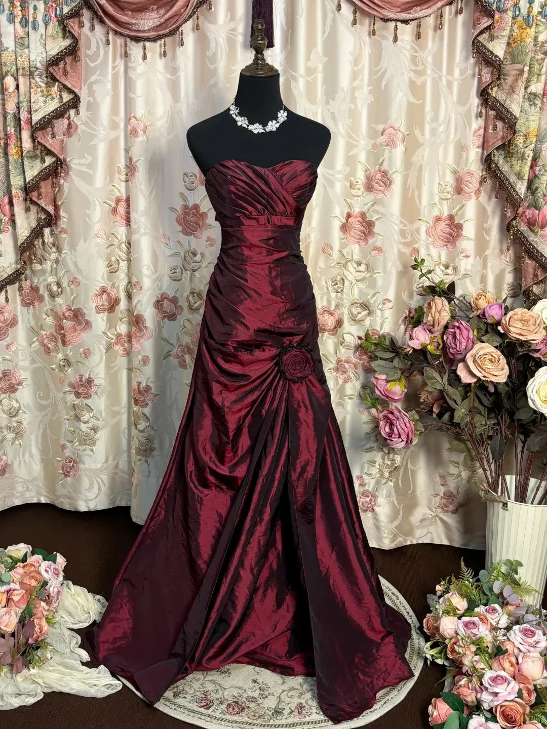 Trumpet/Mermaid Strapless Sleeveless Floor-Length Taffeta Prom Dresses with Flowers & Ruffles