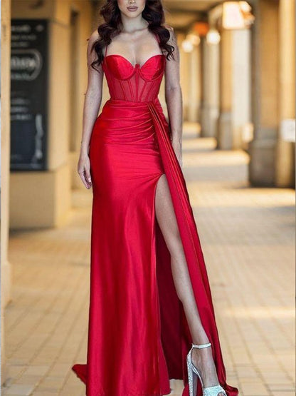 Sheath/Column Elastic Woven Satin Ruched Spaghetti Straps Sleeveless Sweep/Brush Train Corset Dresses