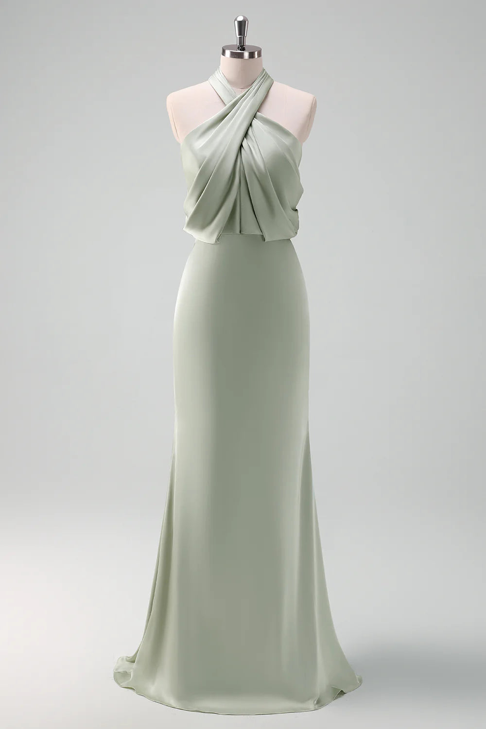 Dusty Sage Halter Sheath Satin Bridesmaid Dress