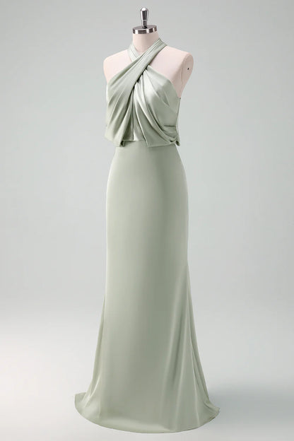 Dusty Sage Halter Sheath Satin Bridesmaid Dress