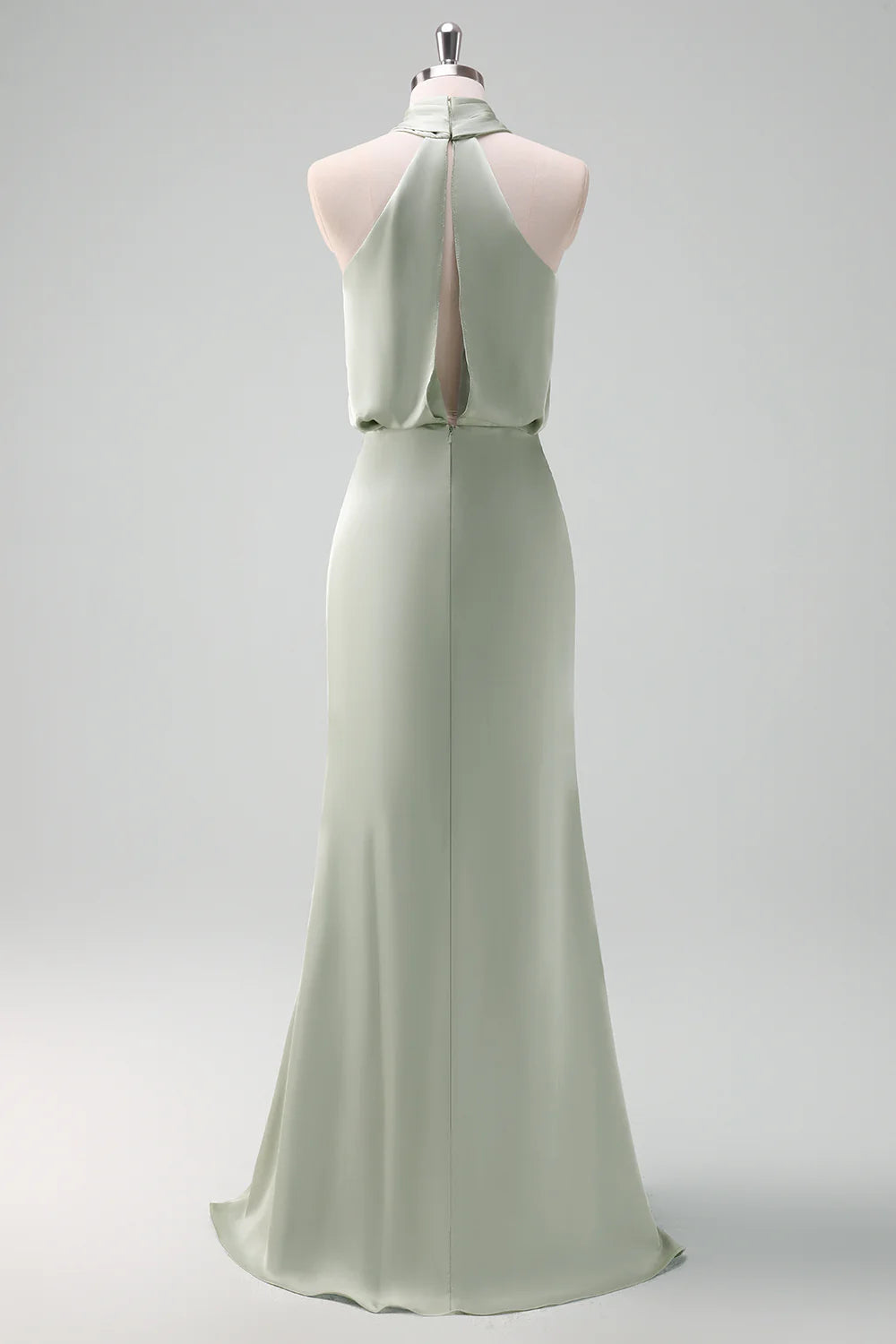 Dusty Sage Halter Sheath Satin Bridesmaid Dress