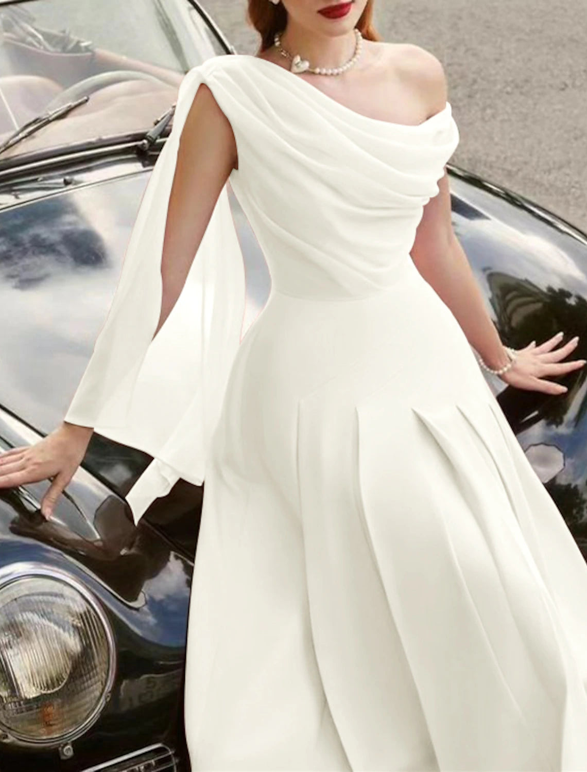 A-Line Cocktail Dresses Elegant Dress Wedding Guest Tea Length Sleeveless Cowl Neck Stretch Chiffon with Ruched