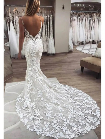 Beach Boho Wedding Dresses Mermaid / Trumpet Camisole V Neck Spaghetti Strap Chapel Train Lace Bridal Gowns With Lace Appliques