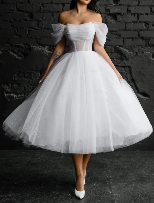 Bridal Shower Little White Dresses Glitter & Sparkle Wedding Dresses Ball Gown Off Shoulder Sleeveless Tea Length Lace Bridal Gowns With Appliques Solid Color