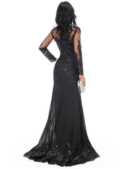 Mermaid Black Dress Evening Gown Sequin Prom Dress Sparkle Formal Gown Sweep / Brush Train Long Sleeve Illusion Neck Lace with Appliques dress