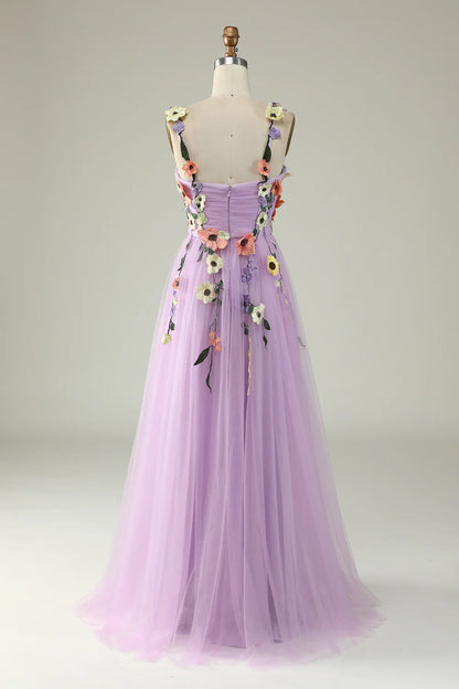 Flower A-Line Purple Prom Dress