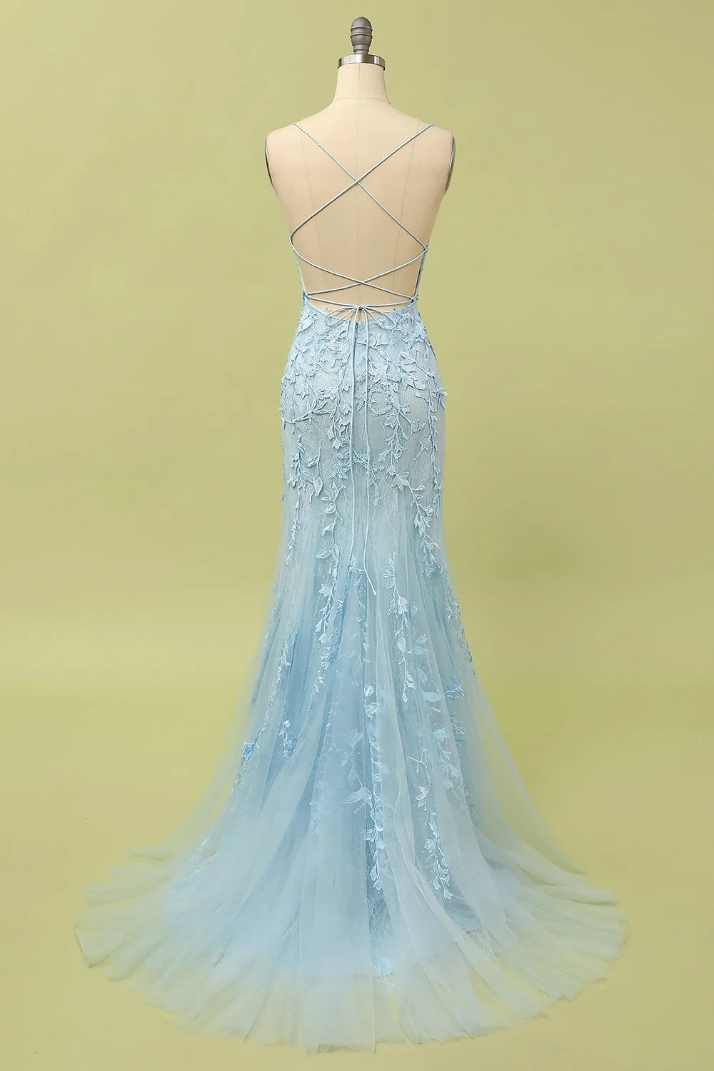 Mermaid Blue Long Prom Dress Backless Evening Dress