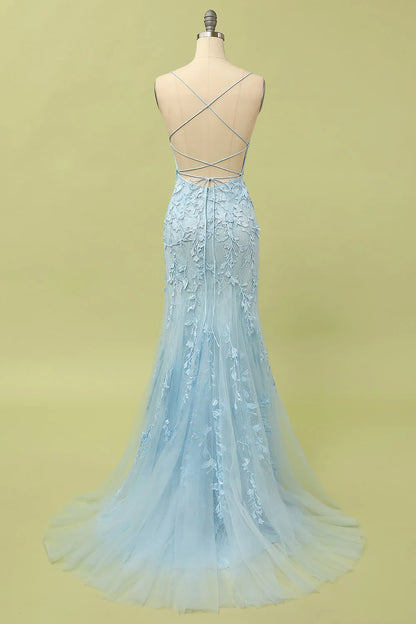 Mermaid Blue Long Prom Dress Backless Evening Dress