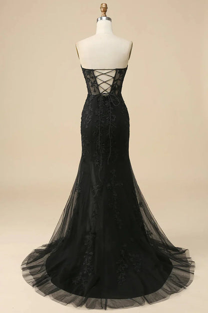 Black Corset Sweetheart Long Lace Mermaid Prom Dress With Slit