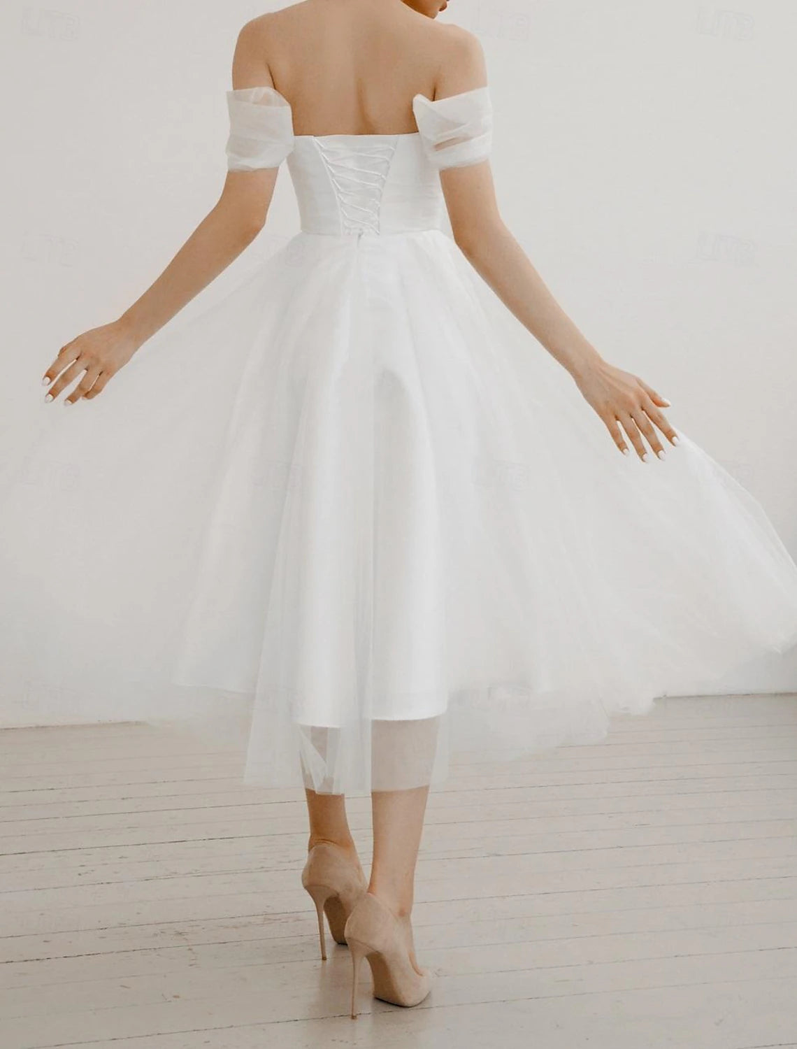 A-Line Little White Dress Wedding Dresses Graduation Dress Off Shoulder Sleeveless Tea Length Chiffon Bridal Gowns With Ruched