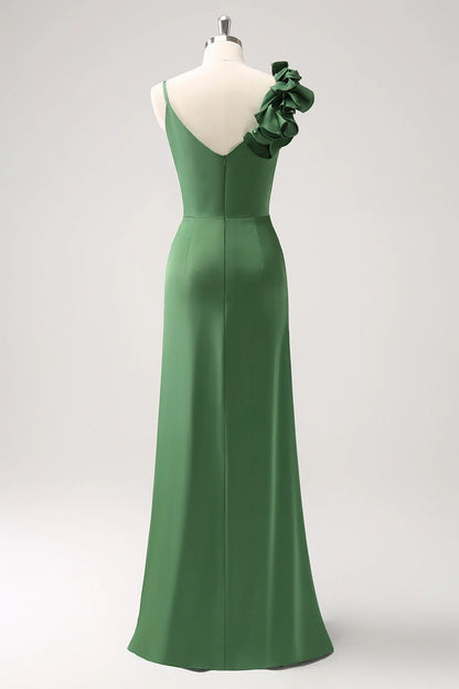 Olive Green Pleated Satin Bridesmaid Dress With Slit