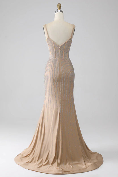 Sparkly Champagne Mermaid Spaghetti Straps Long Prom Dress With Slit