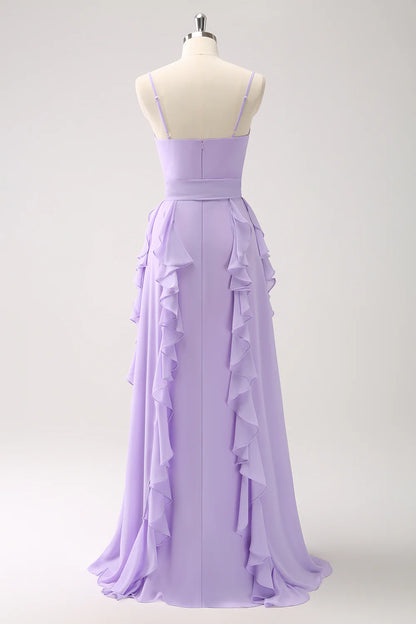 Lilac Chiffon Spaghetti Straps Long Bridesmaid Dress With Slit