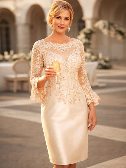 Sheath Column Knee Length Party Dress Cocktail Dress Wedding Guest Dress Mother of the Bride Dress Long Sleeve Jewel Neck Elegant Vintage Luxurious Wedding Guest Satin Lace with Appliques