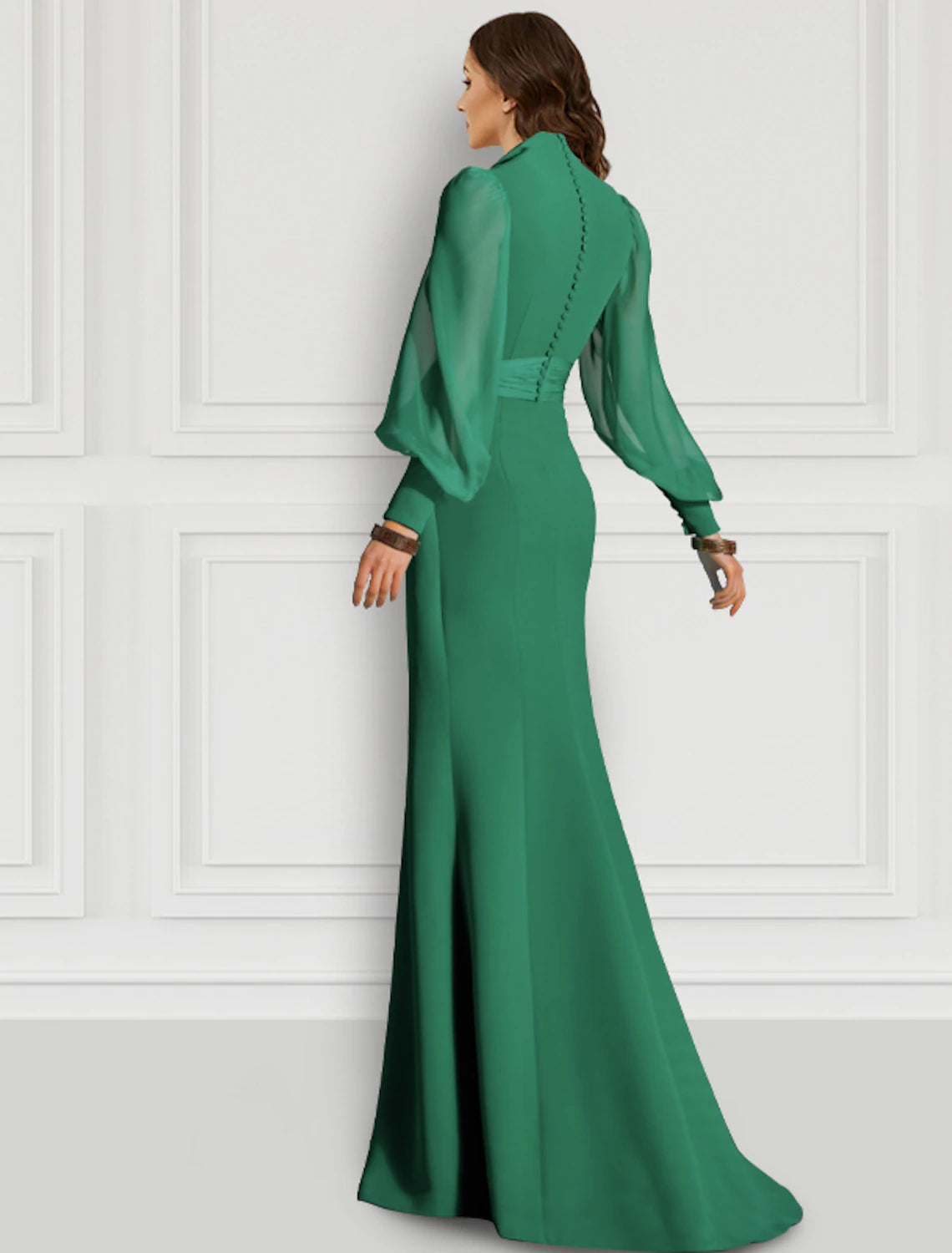 Mermaid / Trumpet Evening Gown Elegant Dress Formal Wedding Guest Sweep / Brush Train Long Sleeve V Neck Fall Wedding Guest Chiffon with Slit Strappy dress