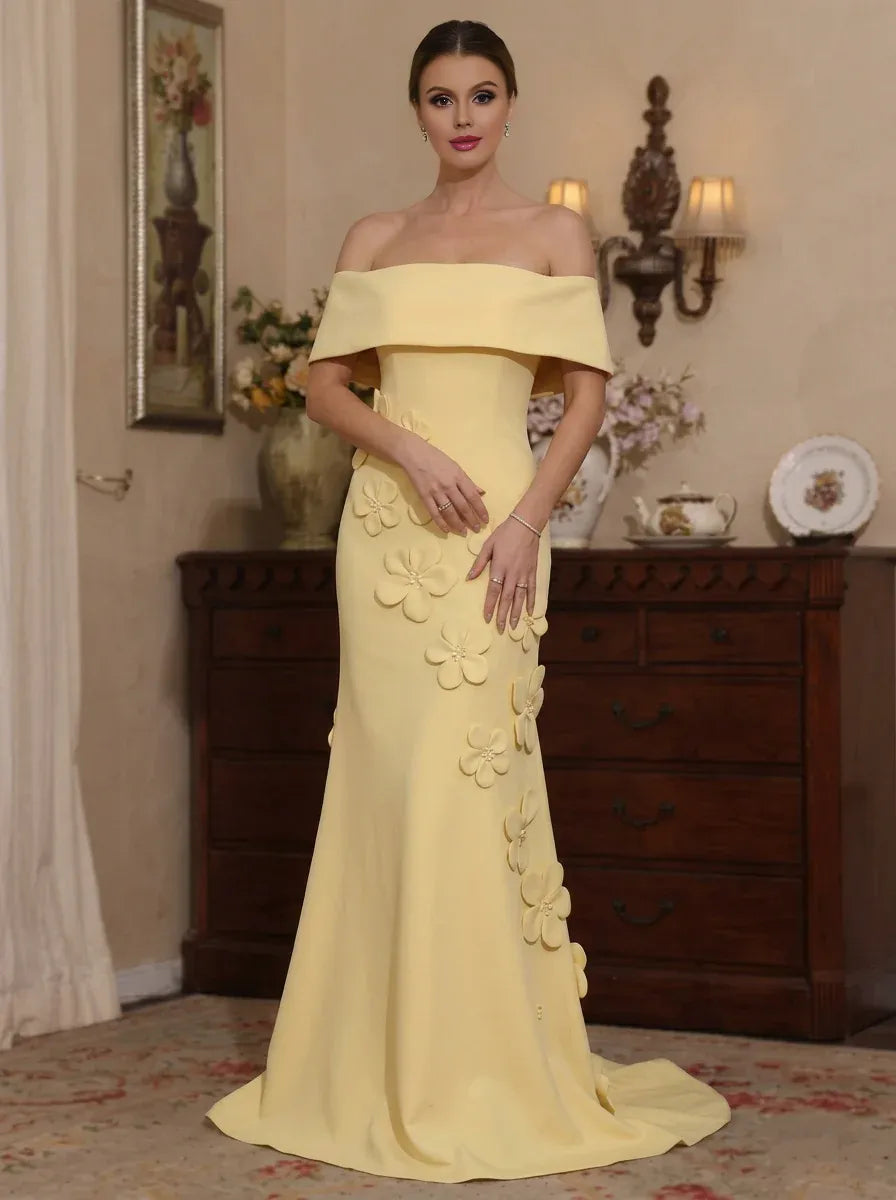 Yellow Off-the-Shoulder Floral Applique Mermaid Evening Gown - Elegant Mother of the Bride Dress