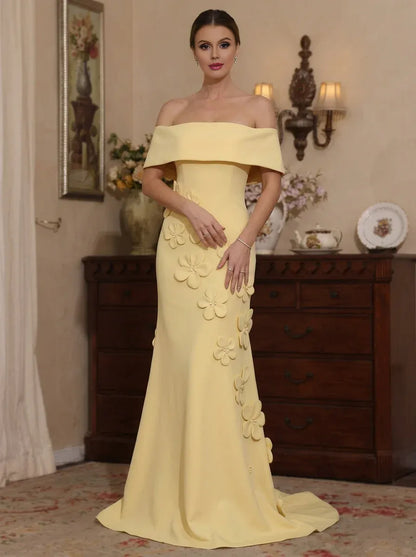Yellow Off-the-Shoulder Floral Applique Mermaid Evening Gown - Elegant Mother of the Bride Dress