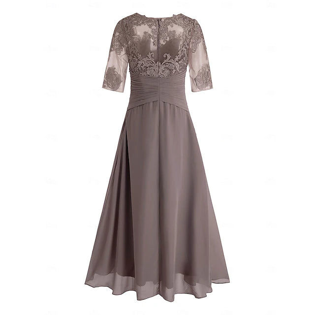 A-Line Mother of the Bride Dress Wedding Guest Elegant Plus Size High Low V Neck Asymmetrical Ankle Length Chiffon Lace Half Sleeve with Beading Appliques dress