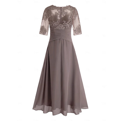 A-Line Mother of the Bride Dress Wedding Guest Elegant Plus Size High Low V Neck Asymmetrical Ankle Length Chiffon Lace Half Sleeve with Beading Appliques dress